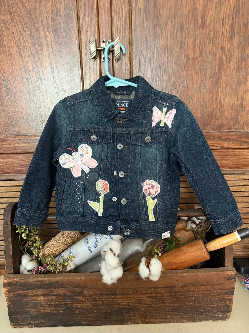 The Children's Place Dark Denim Jacket with handmade Butterfly & Floral Patches